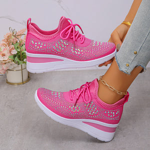 Baskets à strass brillantes, à lacets tendance, compensées pour femmes
