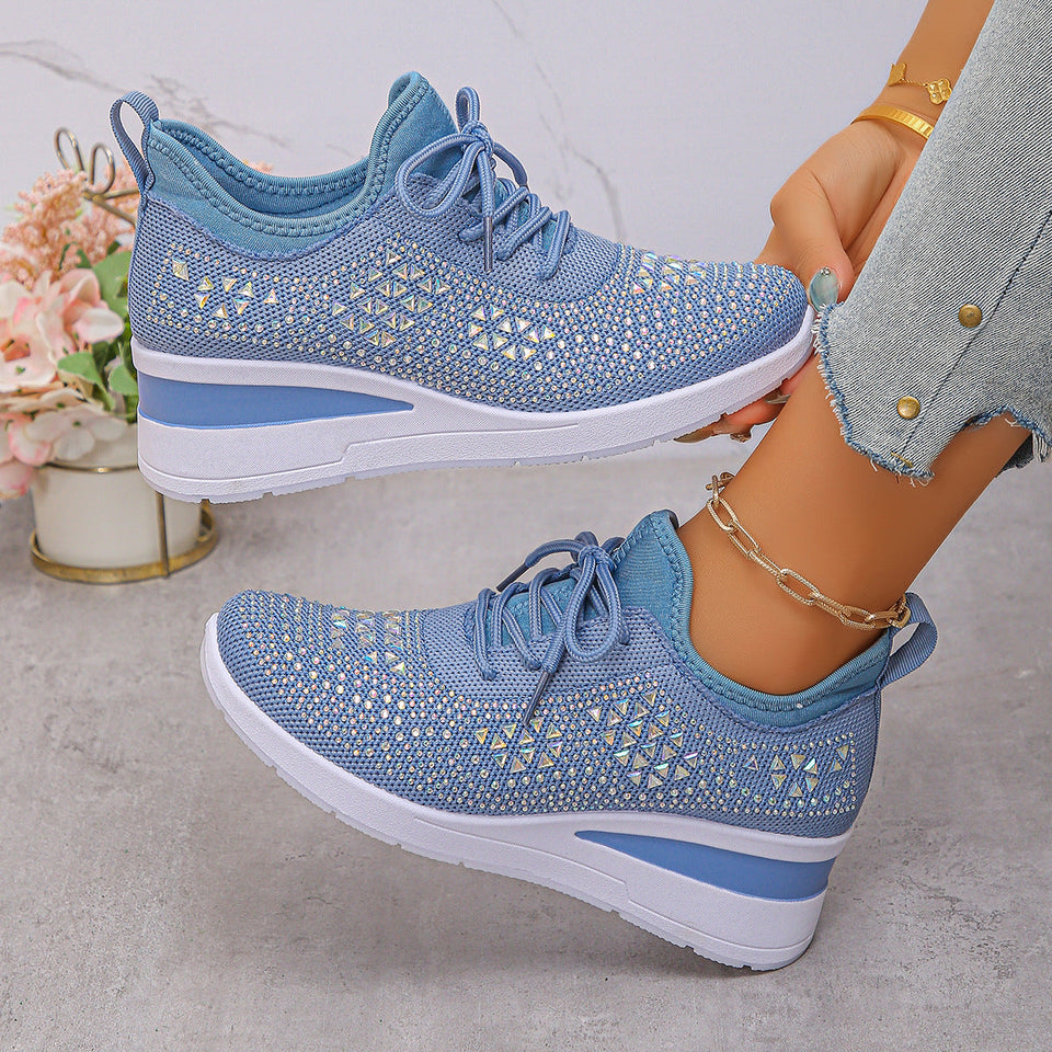 Baskets à strass brillantes, à lacets tendance, compensées pour femmes