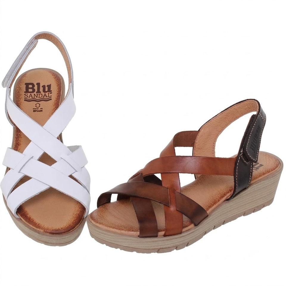 Sandales compensées femme en cuir – Multi-cuir & Blanc