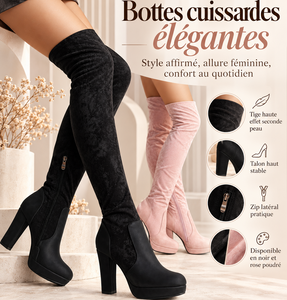 Bottes longues femme en daim extensible à talon carré haut – Bottes cuissardes tendance pour l’hiver et les soirées