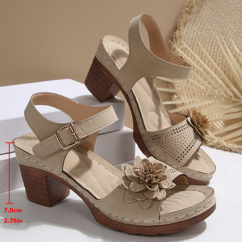 Sandales à talons épais à motif floral pour femmes - à semelles compensées