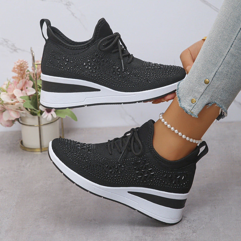 Baskets à strass brillantes, à lacets tendance, compensées pour femmes