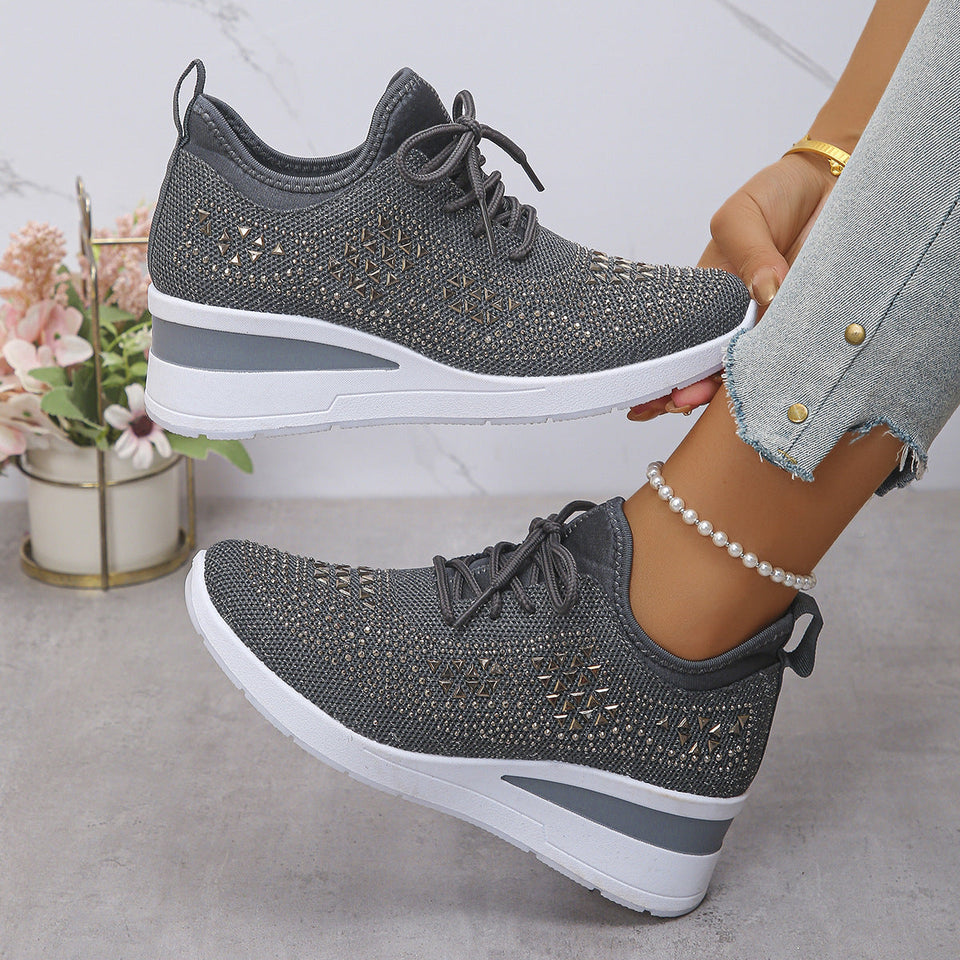 Baskets à strass brillantes, à lacets tendance, compensées pour femmes