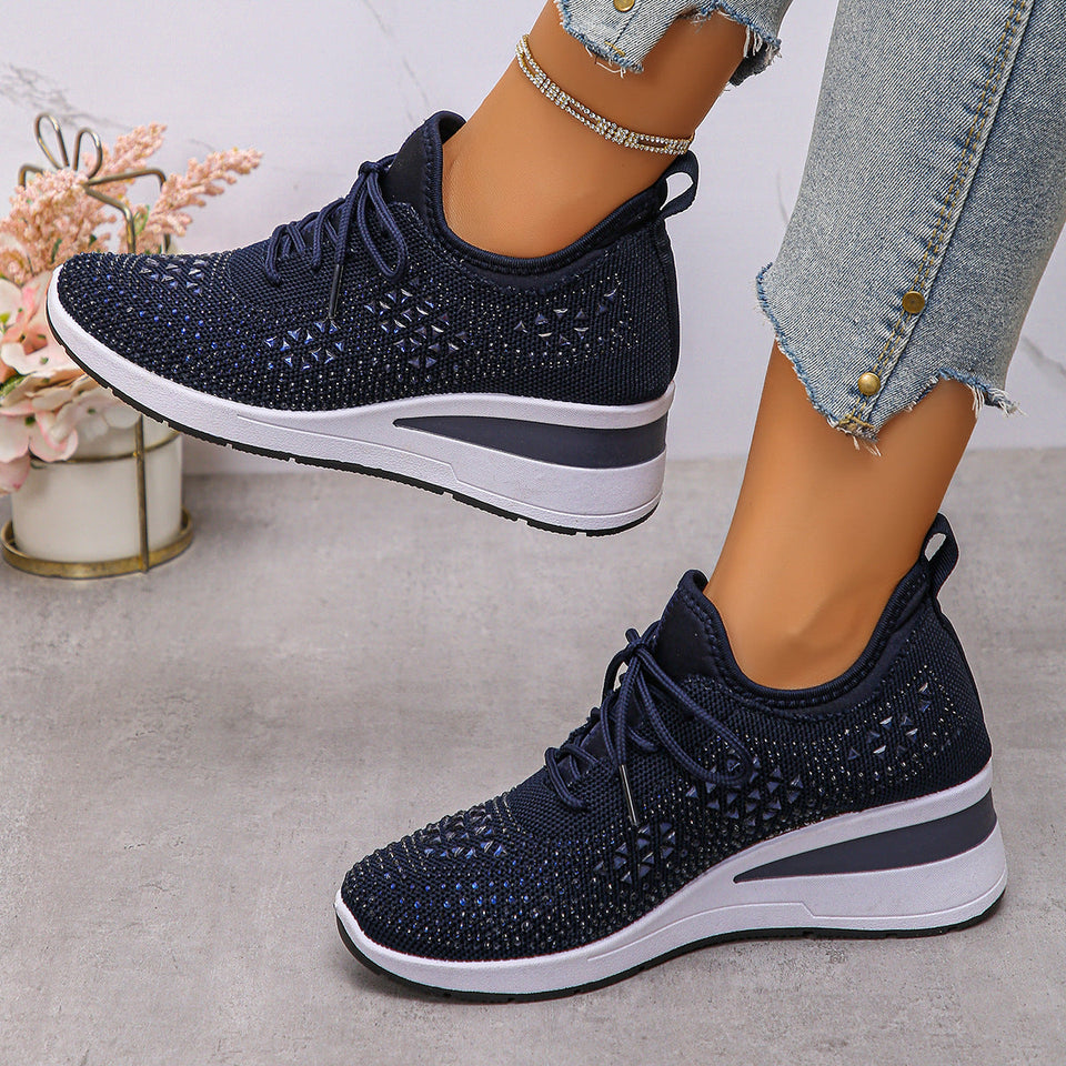 Baskets à strass brillantes, à lacets tendance, compensées pour femmes