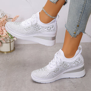 Baskets à strass brillantes, à lacets tendance, compensées pour femmes