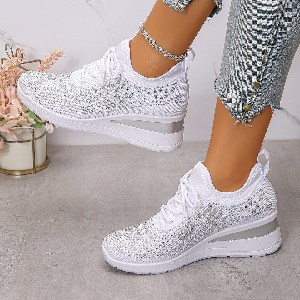 Baskets à strass brillantes, à lacets tendance, compensées pour femmes